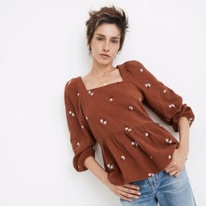 Madewell Amie Floral Embroidered Lightspun Millbrook Puff-Sleeve Peplum Top XXS